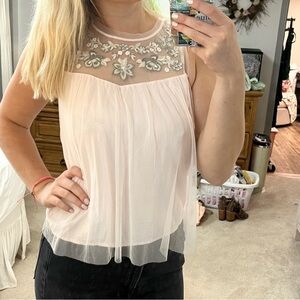 Hollister blush pink mesh floral embroidered babydoll top